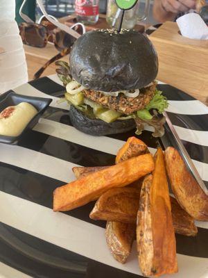Saw this place on here so had to give it a go! So much vegan and vegetarian dishes! Breakfast looked good but we went for lunch and tried the veggie patty burger in a charcoal bun  at Happy Veggie in Koh Lanta