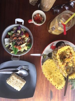 The pineapple banana smoothie, pineapple fried rice, and stir fried mixed veggies with rice.  at Happy Veggie in Koh Lanta