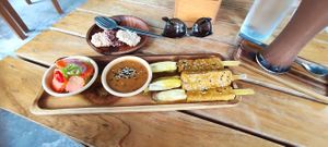 Satay (came with spicy pickled veggies,  rice crackers and peanut sauce) at Happy Veggie in Koh Lanta