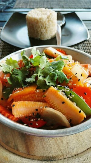 veggies and tofu in sweet and sour sauce with rice at Happy Veggie in Koh Lanta