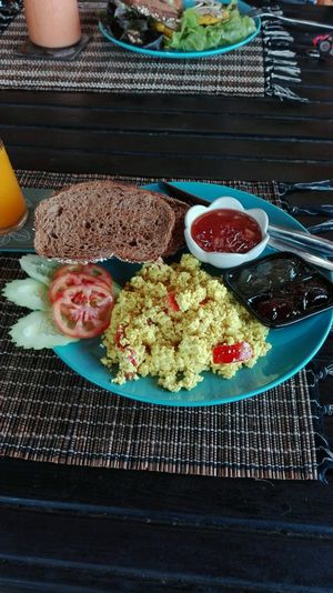 breakfast with vegan egg at Happy Veggie in Koh Lanta