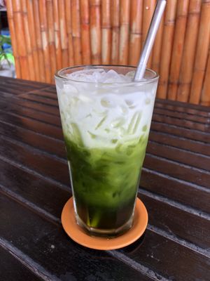 iced matcha latte with coconut milk at Happy Veggie in Koh Lanta