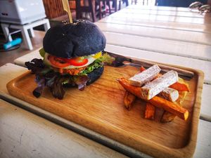 Veggie burger with fries. at Happy Veggie in Koh Lanta