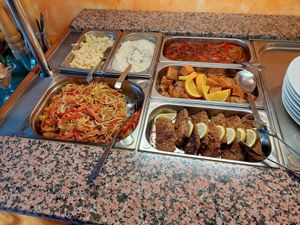 Sunday buffet (1/2): pasta, rice, veggie noodles, soy stir-fry, sweet potatoes & sth non-veg at Aubergine in Fulda