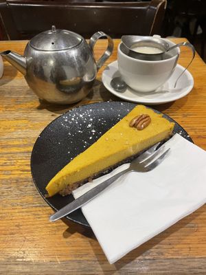 Raw vegan, gf and refined sugar free pumpkin pie with Earl Grey tea   at Green Refectory in Brunswick