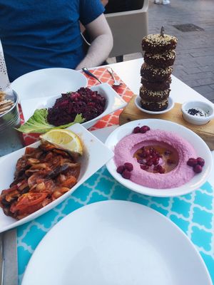 Moussaka, beetroot hummus, falafel and fatoush at Mish Mish in Alicante