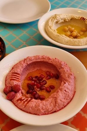 Classic hummus & Hummus remolacha (with beetroot) at Mish Mish in Alicante