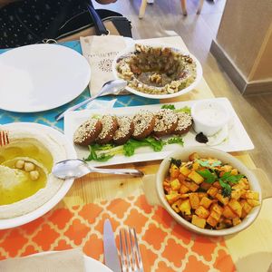 humus, baba ganoush, falafel and spicy potatoes   at Mish Mish in Alicante