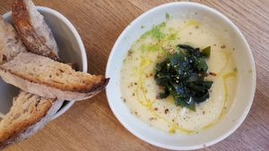 Soup of the day (celeriac, wakame and lime) at Mok in Brussels