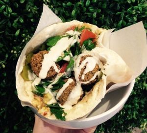 Middle Eastern Full Pocket, a perfect combination of spicy and fresh ingredients, crammed full of our delicious, fresh falafel. Yum! at Herbivore Eatery in South Yarra