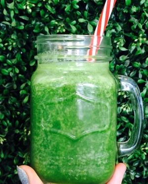 Green smoothie with fresh and organic ingredients. Keep all the fibre to help your body process the natural sugars, still tastes delicious, it's just better for you! at Herbivore Eatery in South Yarra