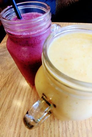 Smoothies - berry and mango at Herbivore Eatery in South Yarra