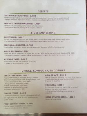 Menu found 1st Oct 2019 but careful! Prices are outdated (cheesy fries for example now 2900) and desserts I was told only available again in November. at Pura Vegan in Tamarindo