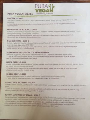 Menu found 1st Oct 2019 but careful! Prices are outdated (cheesy fries for example now 2900) and desserts I was told only available again in November. at Pura Vegan in Tamarindo