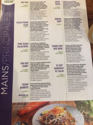 Menu  at Pura Vegan in Tamarindo