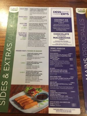 Menu at Pura Vegan in Tamarindo