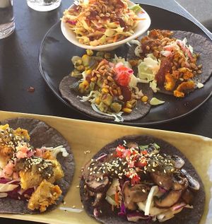 Tofu, Mushroom, Potato & Cauliflower Tacos and Sunflower seed salad at Boquita  in Wellington