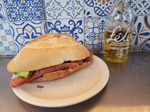 Sausage Torta + Apple Schorle at Veganisimo Loncheria in Mexico City