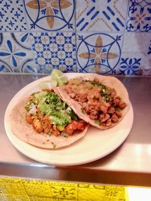 Taco de Pastor y Taco de Suadero at Veganisimo Loncheria in Mexico City