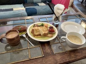 Apple bread with tomato sauce. Corn soup, chocolate cake and soy chai. All vegan. at Saborami in Okinawa