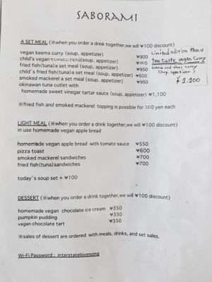 Menu at Saborami in Okinawa