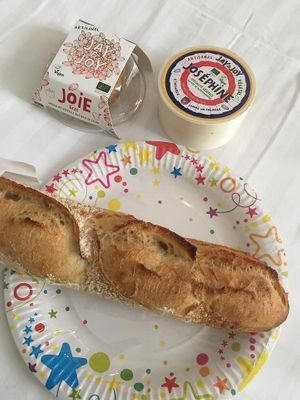 We bought some baguettes to eat with our vegan cheese and vegan pate. at Jay & Joy in Paris