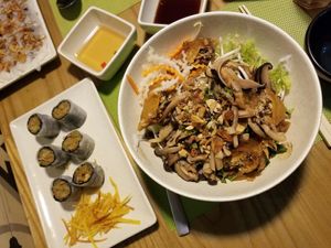 Vegan noodles and vegan spring roll at Wrap and Roll in Hanoi