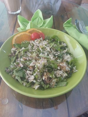 Bowl with brown rice at GreenMood in Victoria