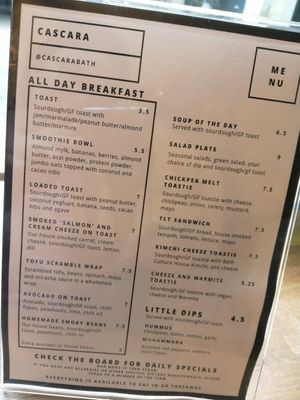 Menu at Cascara in Bath