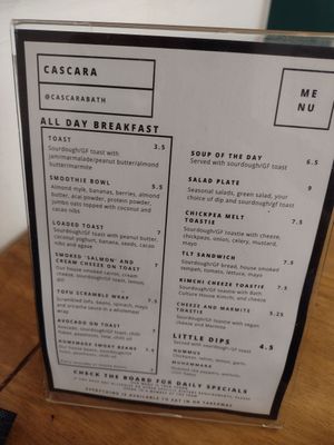 Food menu at Cascara in Bath