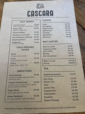 Drink menu   at Cascara in Bath