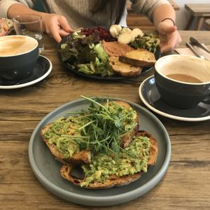 Avocado toast and dip salad plate  at Cascara in Bath