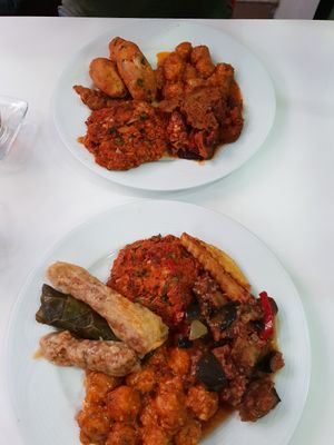 Sarmale, vegetable patties, bulgur-tomato balls, eggplat stew, seitan stew and some sort of potato oval-shaped thingy 😄 at Vegan Istanbul in Istanbul