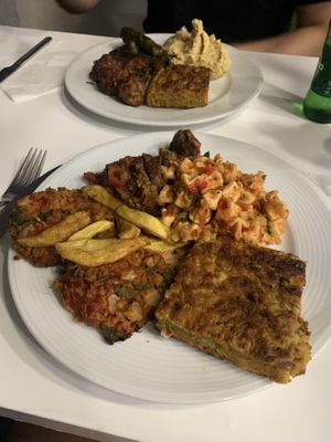 Manti + zucchini cake + vegetable patty and fries + seitan  at Vegan Istanbul in Istanbul