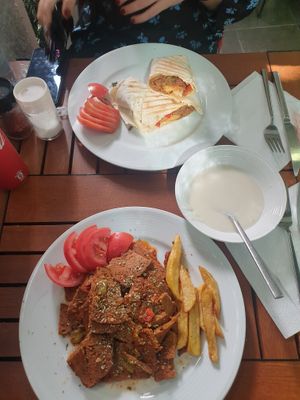 Seitan kebab (on a plate) and Seitan kebab (wrap). Light yogurt sauce  at Vegan Istanbul in Istanbul