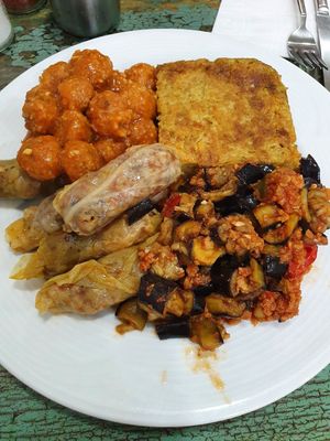 "meatballs, leer pie, eggplant something wonderful, stuffed cabbage at Vegan Istanbul in Istanbul