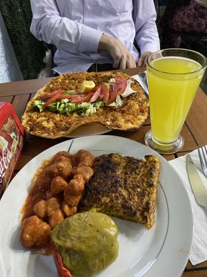 Vegan lahmajoun, lemonade, and cafeteria style plate with three choices. Very filling!  at Vegan Istanbul in Istanbul