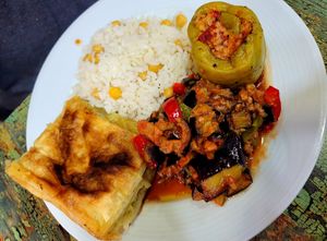 Pilaf, borek, stuffed pepper, zucchini at Vegan Istanbul in Istanbul