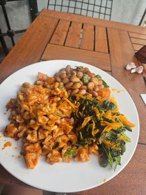 Manti, beans and a carrot spinach mix at Vegan Istanbul in Istanbul