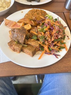 Seitan, soya patty, bulgarwheat salad  at Vegan Istanbul in Istanbul