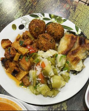 Leak, eggplant and potatoes, falafel, spinach in phyllo dough (4 option meal) at Vegan Istanbul in Istanbul