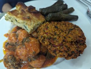 Bulgar Meatballs, Soy Meatball, Vine Leaves and Spinach Pastry at Vegan Istanbul in Istanbul