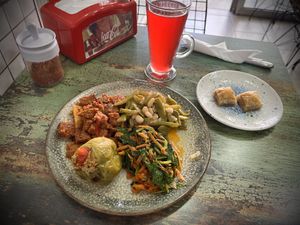 Main dish with my choice of items, baclava & homemade kombucha   at Vegan Istanbul in Istanbul