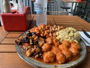 Vegan meatballs, mashed potatoes, a dish with beans, mantı, and eggplants with potatoes   at Vegan Istanbul in Istanbul