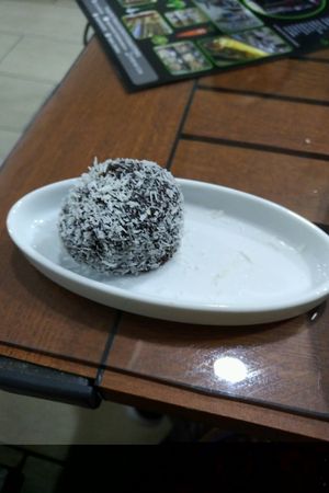 Chocolate truffle topped with coconut at Vegan Istanbul in Istanbul