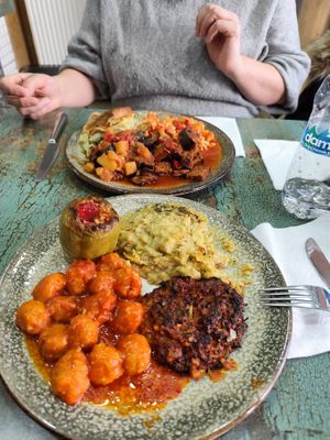 Bulgur meat(xD)  balls,  peperone ripieno di riso, purè di fave, frittella at Vegan Istanbul in Istanbul