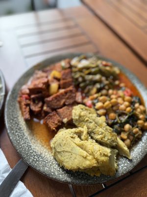Red lentils, seitan meat, green beans and chickpea spinach   at Vegan Istanbul in Istanbul