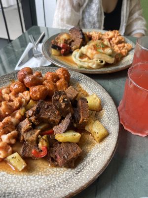 On the left mante (ravioli) + some potato homemade seitan mix + some meatballs (dont know made of what but delish. In the background same + some kind of huge ravioli (must try)  at Vegan Istanbul in Istanbul