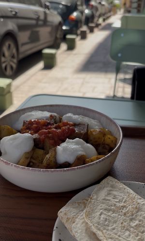 Iskender kebab with potatoes  at Vegan Istanbul in Istanbul
