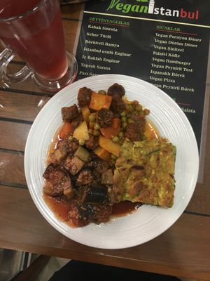 Vegan frittata, sausages and eggplant mix  at Vegan Istanbul in Istanbul